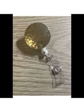Repurposed Vintage Jewelry Retractable ID Clip, Gold Plated Disk, Alligator Clip